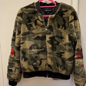 Furry Camo Bomber Jacket with sleeve detail